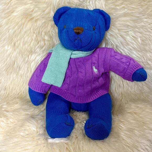 VTG Polo Ralph Lauren Blue Plush Teddy Bear Cable Knit Purple Sweater Scarf 2004 - Picture 1 of 15